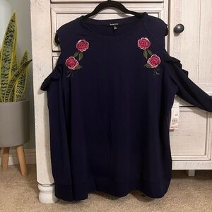 Relativity Double Rose Cold Shoulder Navy Blue Long Sleeve Ruffle Top 2X